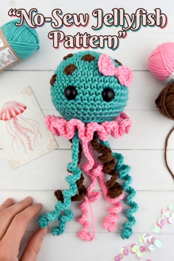 No-Sew Jellyfish Crochet Pattern | Cute Teal Amigurumi with Pink Bow PDF